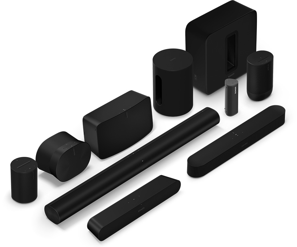 Een overzicht van alle Sonos speakers en soundbars afgebeeld in een zwarte kleur. Onder andere een Sonos Era 100, Era 300, Beam, Arc en Sub.
